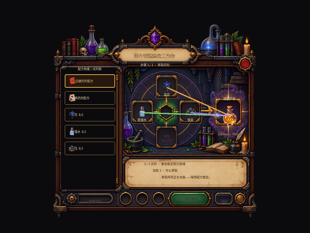 The alchemy workbench showing three loaded materials and a potion extraction path.