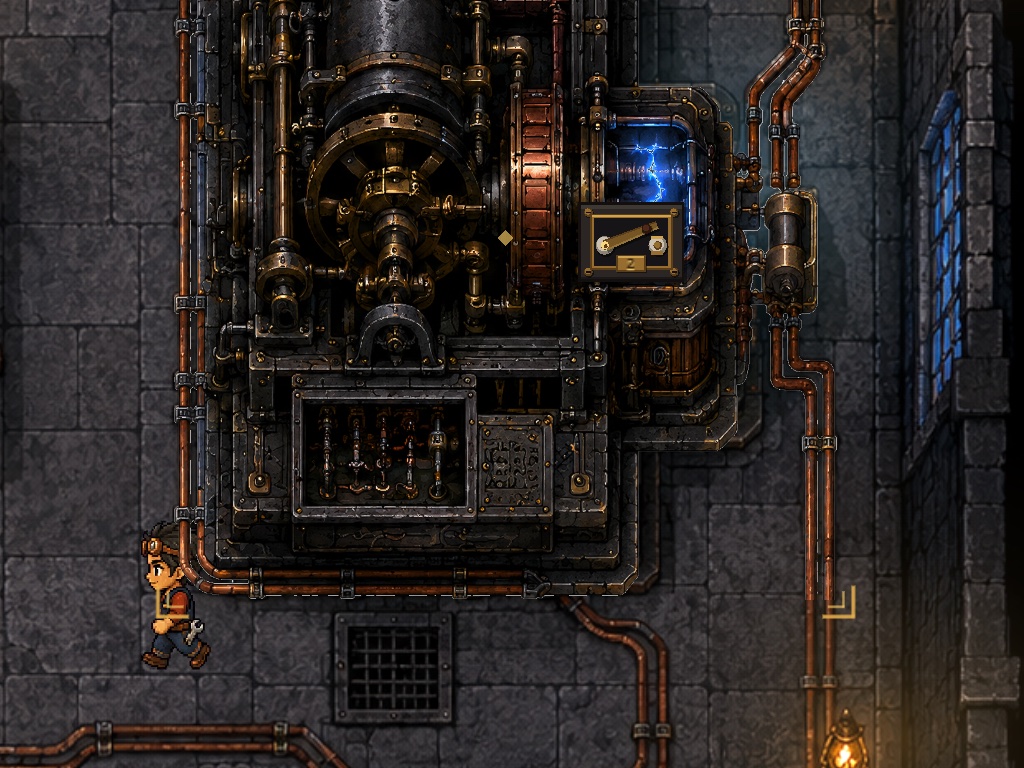 The detective examines a large circuit generator built into a stone workshop.
