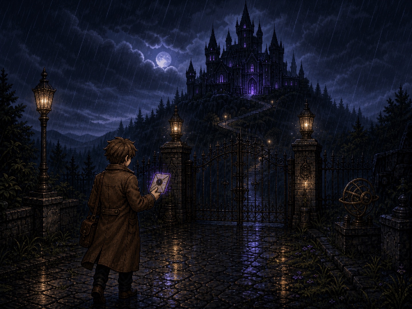 A detective approaches Ashford Castle through rain beneath a violet moon.